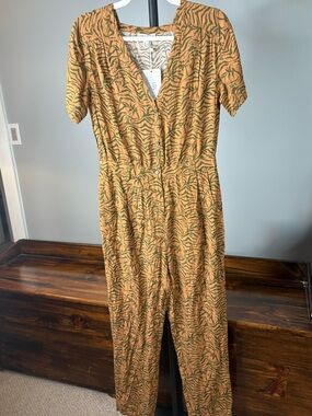 Mustard Orange  and Olive Print Short-Sleeve Button-Front Jumpsuit